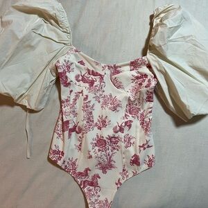 Free People Red and Cream Patterned Bodysuit